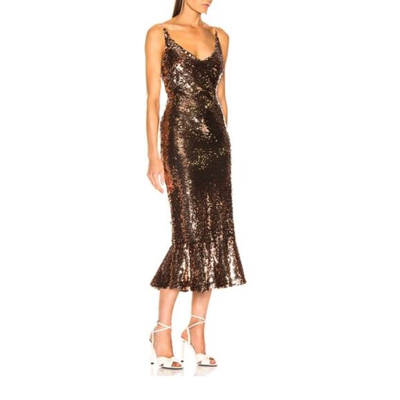Saloni Sequin Dress Sleeveless Open Back Cocktail Midi Bronze Sz 4 Retails $795 - Picture 4 of 13